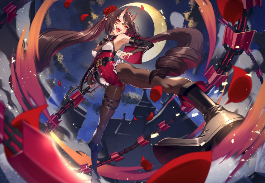 :d belt blurry blurry_foreground boots breasts bridal_gauntlets brown_hair character_request cluseller copyright_request covered_navel crescent_moon depth_of_field drill_hair elbow_gloves female gloves half-closed_eyes highres holding holding_sword holding_weapon horns leotard long_hair looking_at_viewer moon motion_blur night open_mouth pantyhose petals pointy_ears red_eyes rose_petals sharp_teeth skin-covered_horns small_breasts smile solo sword teeth twin_drills twintails very_long_hair weapon whip_sword