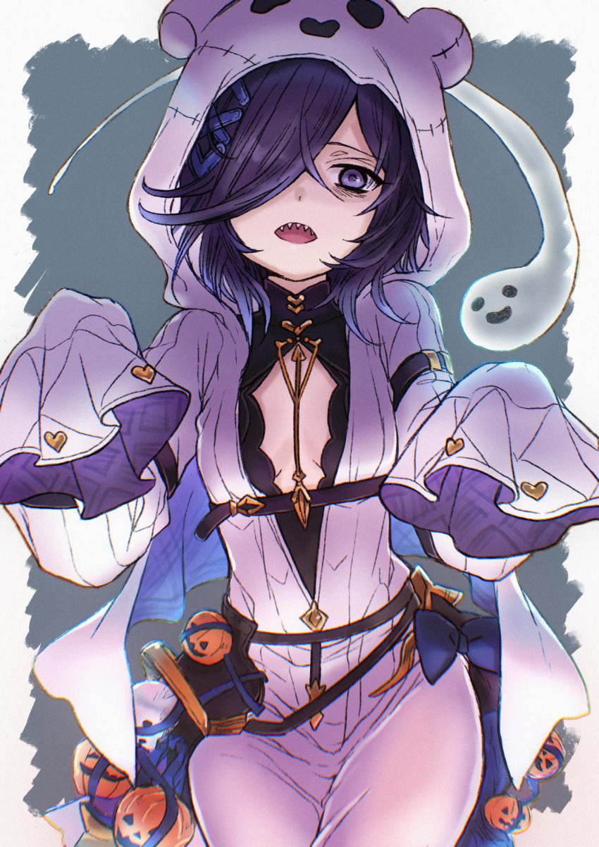 bags_under_eyes black_hair breasts dress ekra female ghost ghost_costume granblue_fantasy hair_ornament hair_over_one_eye halloween_costume highres hood hood_up hooded_robe jack-o'-lantern lich_(granblue_fantasy) lich_(halloween)_(granblue_fantasy) long_hair long_sleeves looking_at_viewer official_alternate_costume open_mouth purple_eyes robe sharp_teeth sleeves_past_fingers sleeves_past_wrists small_breasts solo teeth white_robe