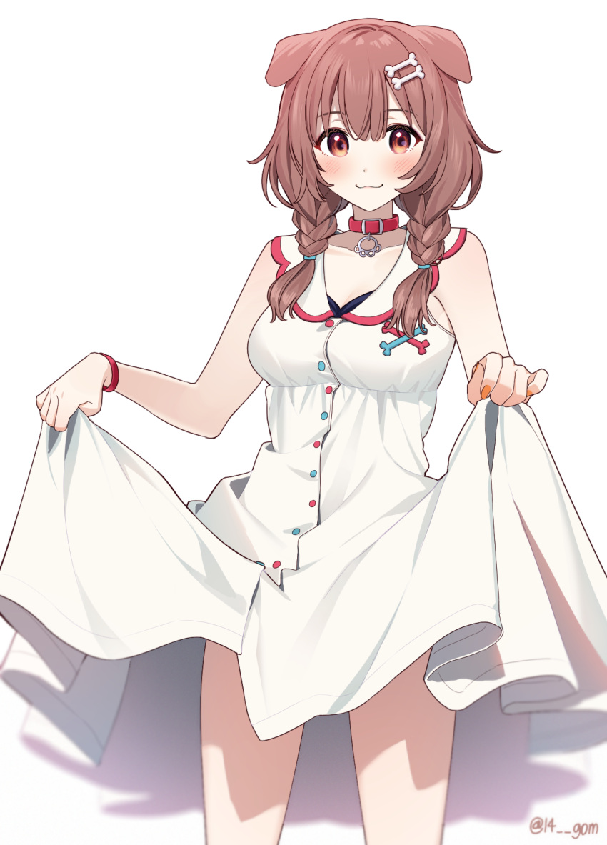 14_(vision5032) animal_ears bare_arms blush bone_hair_ornament braid breasts brown_eyes brown_hair buttons closed_mouth collar cowboy_shot dog_ears dog_girl dress female hair_between_eyes hair_ornament hair_tie highres hololive inugami_korone inugami_korone_(1st_costume) long_hair looking_at_viewer medium_breasts nail_polish orange_nails red_collar simple_background skirt_hold sleeveless sleeveless_dress smile solo standing twin_braids twitter_username virtual_youtuber white_background white_dress wristband