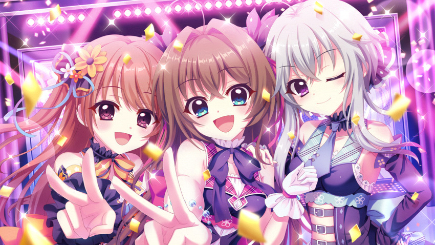 3girls :d ahoge belt blue_dress blue_eyes blue_necktie blue_ribbon blurry blurry_foreground blush bow breasts brown_hair closed_mouth clothing_cutout confetti detached_sleeves dot_nose dress dutch_angle film_grain flower game_cg gloves grey_hair hair_flower hair_intakes hair_ornament hand_on_own_hip hand_up ichijou_ruka idol idol_clothes izumi_tsubasu lens_flare long_hair looking_at_viewer mizushino_tamaki multiple_belts multiple_girls neck_garter necktie non-web_source oerba_yun_fang official_art one_eye_closed open_mouth orange_bow orange_flower pink_ribbon purple_belt purple_bow purple_dress purple_eyes purple_sleeves re:stage! red_hair ribbon screen shikimiya_aone short_hair_with_long_locks short_necktie sideboob sleeveless sleeveless_dress small_breasts smile sparkle stage stage_lights stomach_cutout v white_gloves wrist_ribbon