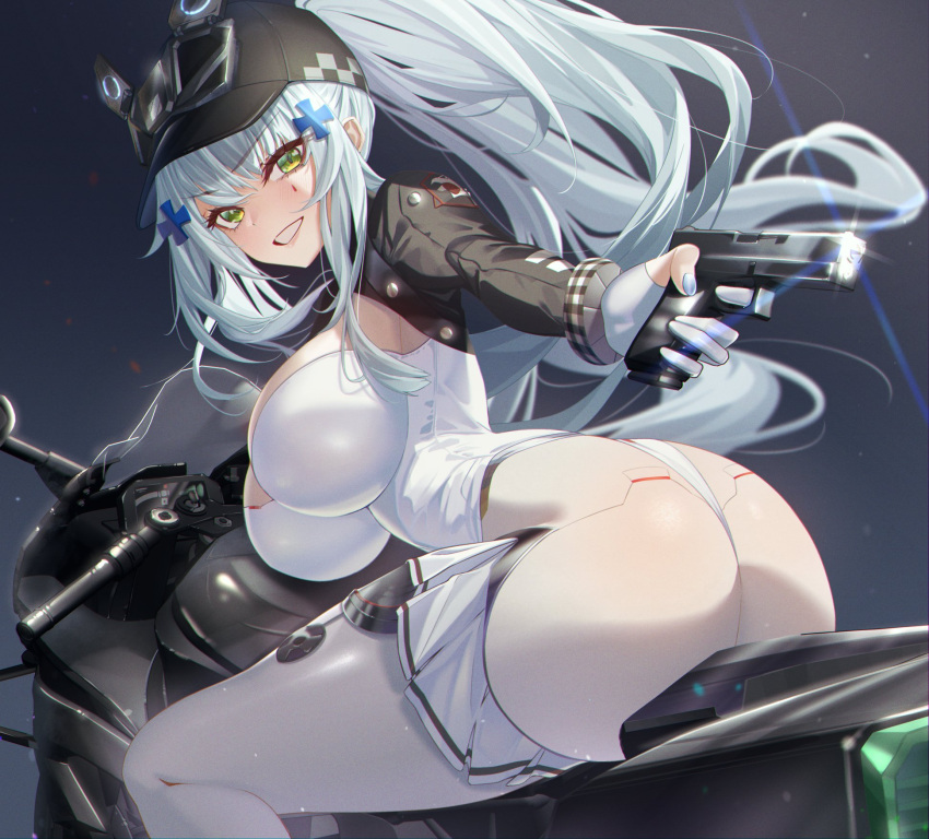 ass baseball_cap black_bodysuit black_hat blue_hair bodysuit bratja breasts commentary commentary_request cross_hair_ornament dark_background female finger_on_trigger foreshortening frilled_bodysuit girls'_frontline girls'_frontline_2:_exilium glock gloves gun hair_ornament handgun hat highres hk416_(girls'_frontline) holding holding_gun holding_weapon large_breasts lens_flare long_hair looking_at_viewer looking_back on_motorcycle parted_lips partially_fingerless_gloves ponytail simple_background sitting solo tattoo teardrop_facial_mark teardrop_tattoo two-tone_bodysuit weapon white_bodysuit white_gloves white_nails