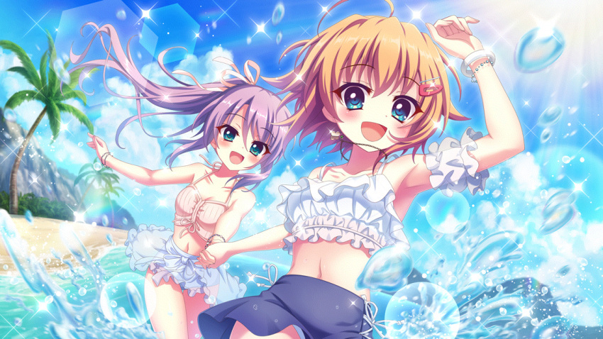 2girls :d ahoge aqua_eyes arm_garter arm_up armpits beach bead_bracelet beads bikini bikini_skirt blue_eyes blue_skirt blue_sky blush bracelet breasts chain_necklace chains cleavage cloud collarbone cowboy_shot day dot_nose dutch_angle film_grain frilled_bikini frills game_cg hair_ornament hair_ribbon hairclip high_ponytail holding_hands izumi_tsubasu jewelry lens_flare long_hair looking_at_viewer midriff multiple_girls navel necklace non-circular_lens_flare non-web_source ocean official_art open_mouth orange_hair outdoors palm_tree pink_bikini pink_ribbon re:stage! ribbon running see-through_clothes see-through_skirt shikimiya_mana short_hair sidelocks skirt sky small_breasts smile sparkle splashing swept_bangs swimsuit tree tsukisaka_sayu wading water_drop white_bikini white_skirt