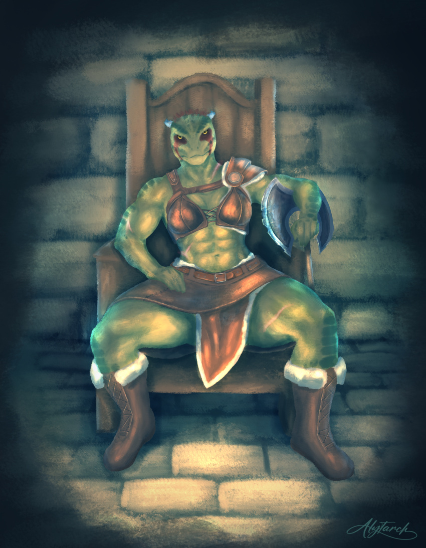 2024 absurd_res alytarch anthro argonian armor axe battle_axe belt bethesda_game_studios bodypaint boots bottomwear breasts chair clothed clothing digital_drawing_(artwork) digital_media_(artwork) digital_painting_(artwork) face_paint female footwear furniture hi_res horn leather leather_armor leather_boots leather_clothing leather_footwear lizard looking_at_viewer microsoft reptile scales scalie shoes skirt skyrim solo stone_floor stone_wall the_elder_scrolls topwear wall_(structure)