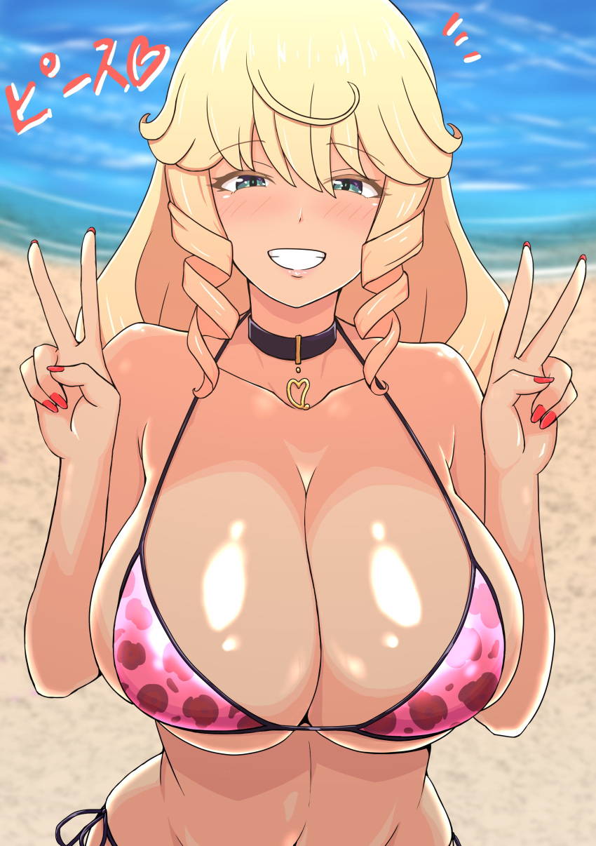 absurdres alice_gear_aegis animal_print beach bikini black_choker blonde_hair blush breasts choker double_v drill_hair drill_sidelocks female green_eyes grin guchiaki gyaru heart heart_choker highres huge_breasts leopard_print long_hair looking_at_viewer micro_bikini nicole_francesca ocean print_bikini purple_bikini red_nails side-tie_bikini_bottom sideboob sidelocks smile solo string_bikini swimsuit underboob v