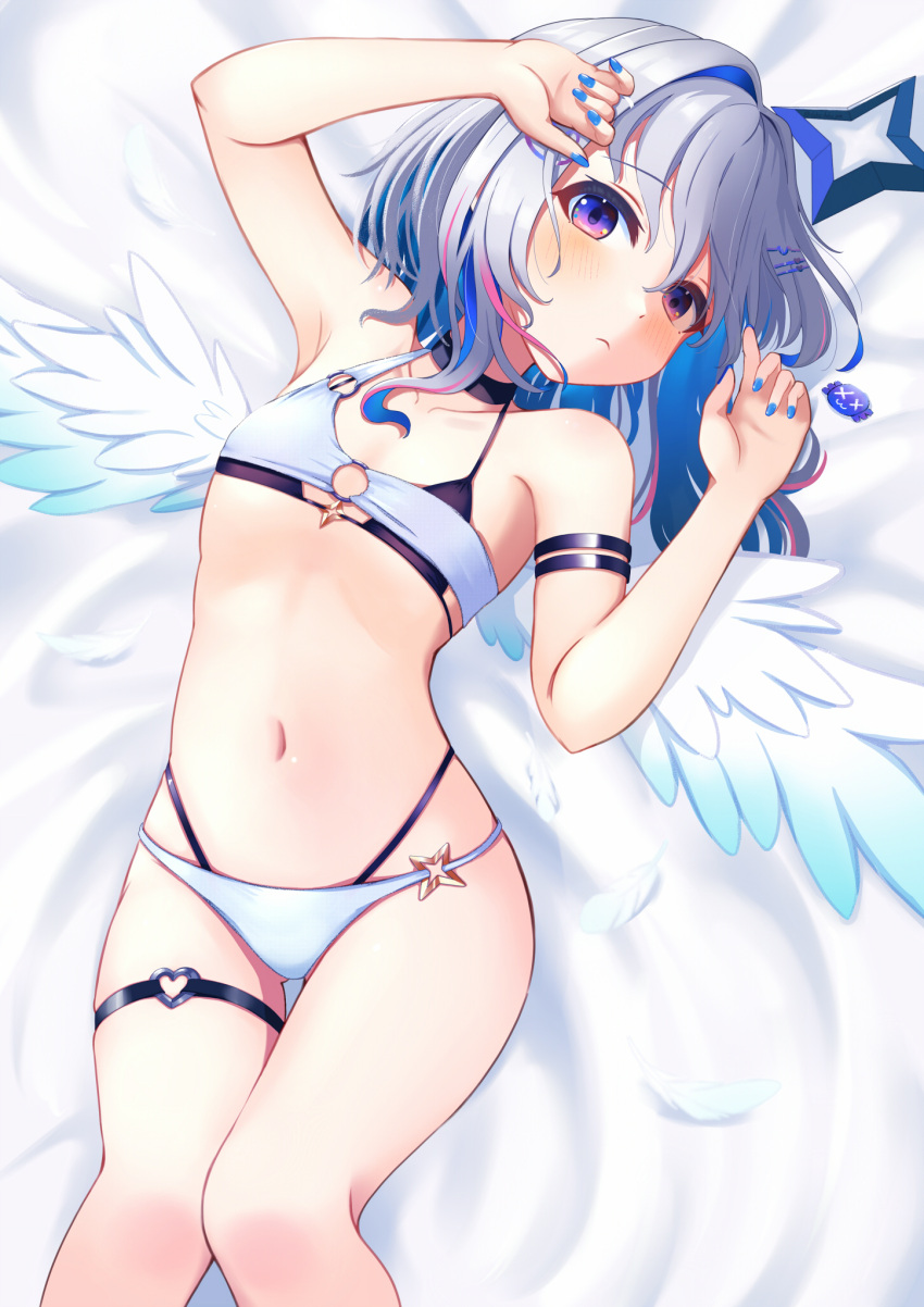 amane_kanata angel angel_wings armpits asymmetrical_bikini banana_de_ikopon bikini black_bikini blue_hair blue_nails blush colored_inner_hair feathered_wings female flat_chest grey_hair hair_between_eyes hair_ornament hairclip halo heart_o-ring highleg highleg_bikini highres hololive layered_bikini looking_at_viewer lying medium_hair multicolored_hair navel o-ring o-ring_bikini o-ring_thigh_strap on_back purple_eyes single_hair_intake solo star_halo stomach streaked_hair swimsuit thigh_strap virtual_youtuber white_bikini wings