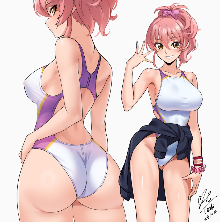 alternate_costume ass ass_visible_through_thighs back_cutout bow breasts clothes_around_waist clothing_cutout commentary_request commission competition_swimsuit female grin hairbow hand_up high_ponytail highleg highleg_one-piece_swimsuit highres idolmaster idolmaster_cinderella_girls jougasaki_mika large_breasts looking_at_viewer multiple_views nail_polish one-piece_swimsuit parted_lips pink_hair pink_nails pixiv_commission ponytail scrunchie sideboob simple_background smile sweater sweater_around_waist swimsuit white_background wrist_scrunchie wristband yellow_eyes yoo_tenchi