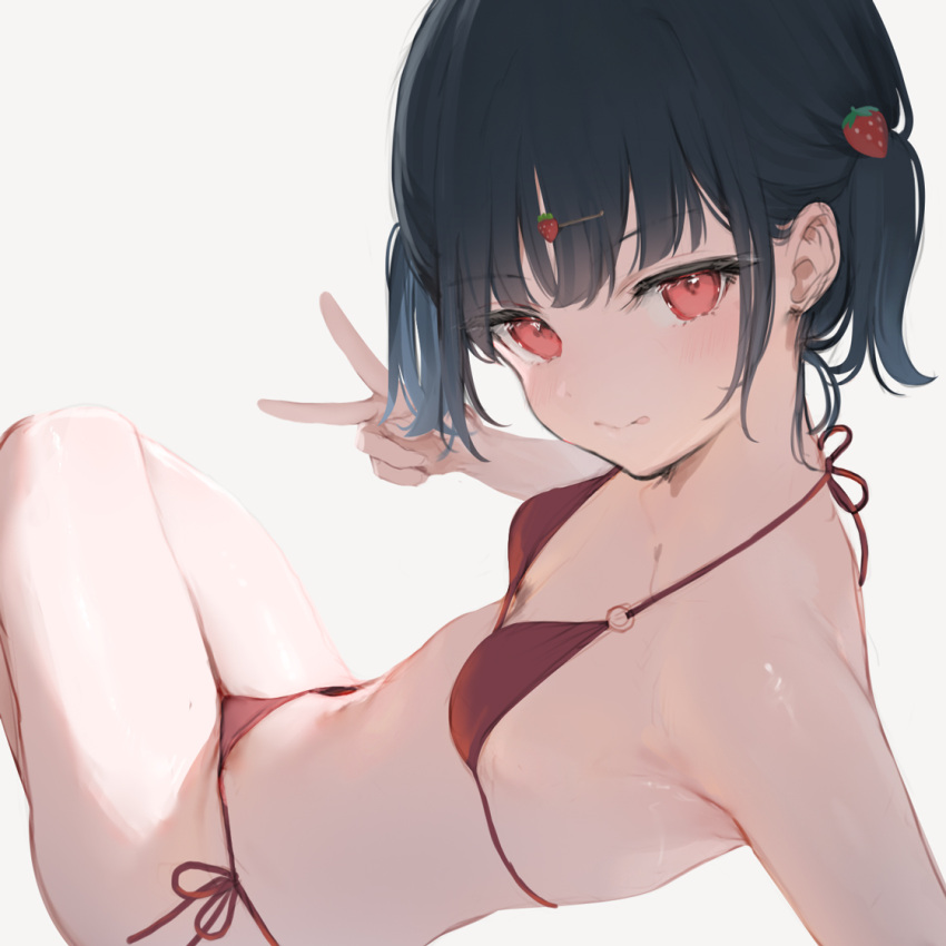 bad_link bikini black_hair blush breasts female food-themed_hair_ornament hair_ornament ichigo_(mignon) looking_at_viewer mignon original red_bikini red_eyes short_hair side-tie_bikini_bottom simple_background small_breasts smile solo strawberry_hair_ornament swimsuit v white_background