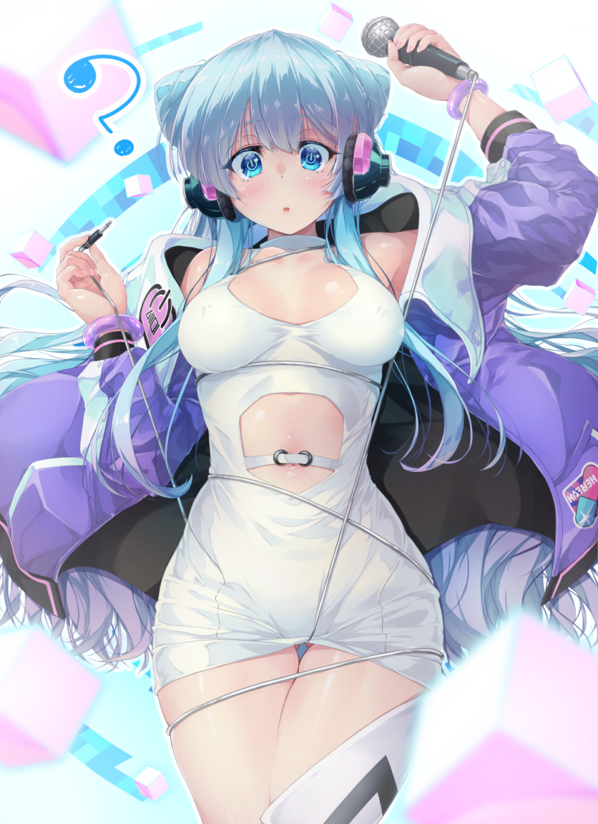 ? blue_background blue_hair blush bondage bondage bound bracelet breasts breasts_apart cone_hair_bun cowboy_shot crotch_rope cube dot_nose double_bun dress female hair_bun highres holding holding_microphone jacket jewelry legs_together long_hair looking_at_viewer medium_breasts microphone miniskirt monster_strike neo_(monster_strike) power_symbol-shaped_pupils purple_jacket setomi_sora shiny_skin short_dress skirt solo standing straight-on symbol-shaped_pupils thigh_gap thighhighs white_dress white_thighhighs