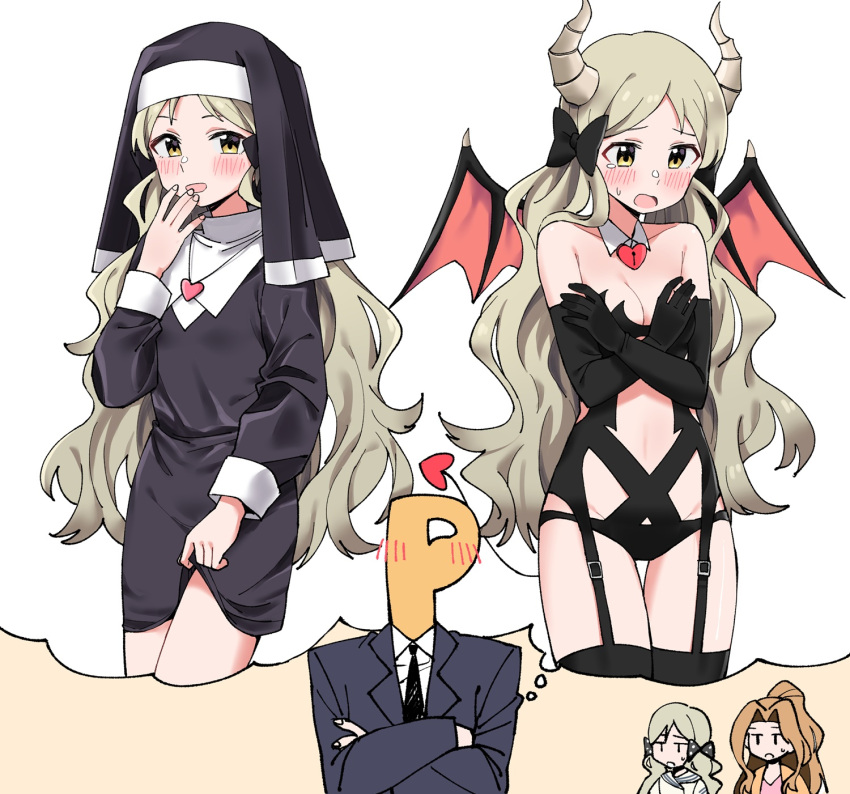 bare_shoulders billbung black_dress black_necktie black_ribbon black_thighhighs black_tunic black_veil blush breasts brown_hair cleavage clothes_lift collarbone cowboy_shot crossed_arms demon_girl demon_horns demon_tail demon_wings detached_collar dot_nose dress embarrassed fluffy_hair garter_straps grey_hair hair_ribbon hand_to_own_mouth handa_roco heart heart_necklace highres horns idolmaster idolmaster_million_live! idolmaster_million_live!_theater_days jewelry lifting_own_clothes long_hair long_sleeves looking_at_viewer multiple_persona navel necklace necktie nikaido_chizuru nun p-head_producer parted_bangs producer_(idolmaster) ribbon seductive_smile shy skirt skirt_lift small_breasts smile suit sweatdrop tail tearing_up thighhighs thought_bubble tunic twintails upper_body veil very_long_hair wavy_hair wings x_arms yellow_eyes