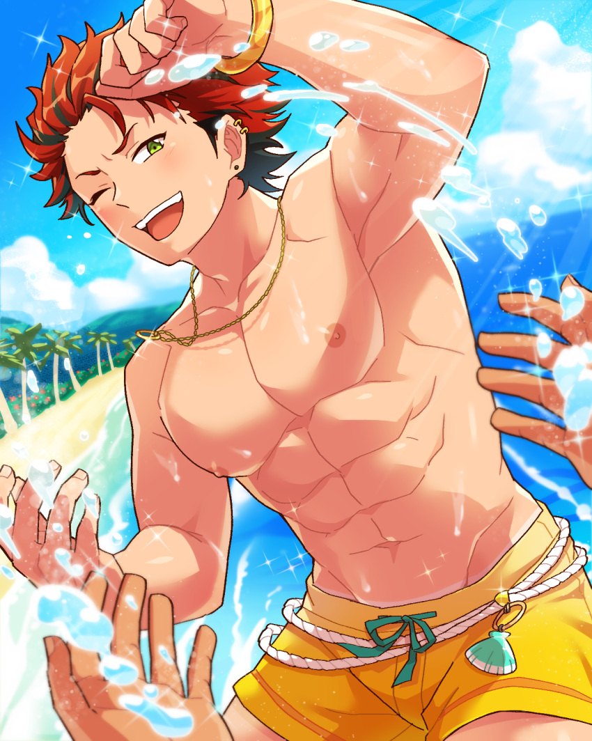 1boy abs alternate_costume aopanda arm_up beach black_hair bracelet ear_piercing earrings ensemble_stars! gold_bracelet gold_necklace green_eyes highres jewelry kiryu_kuro looking_at_viewer male_focus male_swimwear multicolored_hair necklace nipples one_eye_closed open_mouth pectorals piercing pov pov_hands red_hair ring ring_necklace short_hair smile solo sparkle splashing streaked_hair stud_earrings swim_trunks tan tanlines teeth toned toned_male two-tone_hair upper_teeth_only yellow_male_swimwear