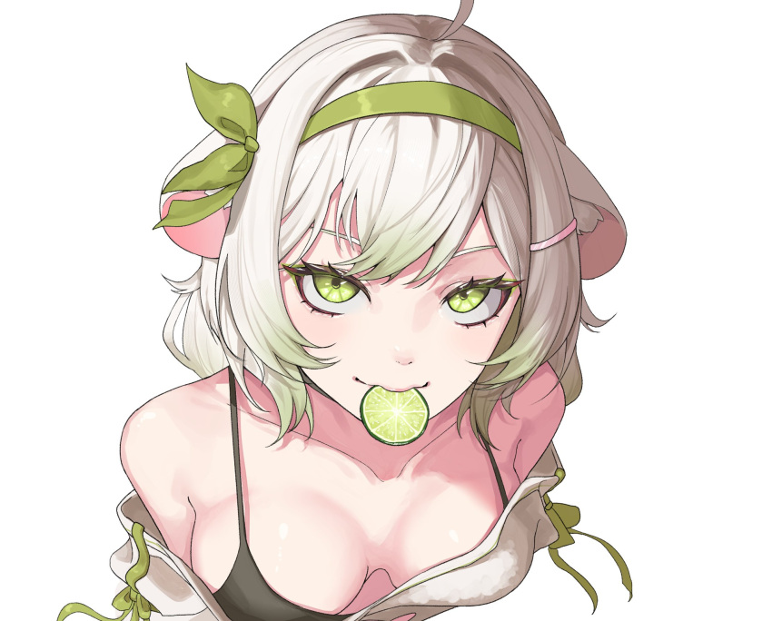 animal_ears bare_shoulders breasts female ferret_ears ferret_girl food fruit green_eyes green_hair hidoryy highres laimu_(vtuber) lime_(fruit) lime_slice long_hair looking_at_viewer medium_breasts mouth_hold multicolored_hair off_shoulder solo vinesauce virtual_youtuber white_background white_hair