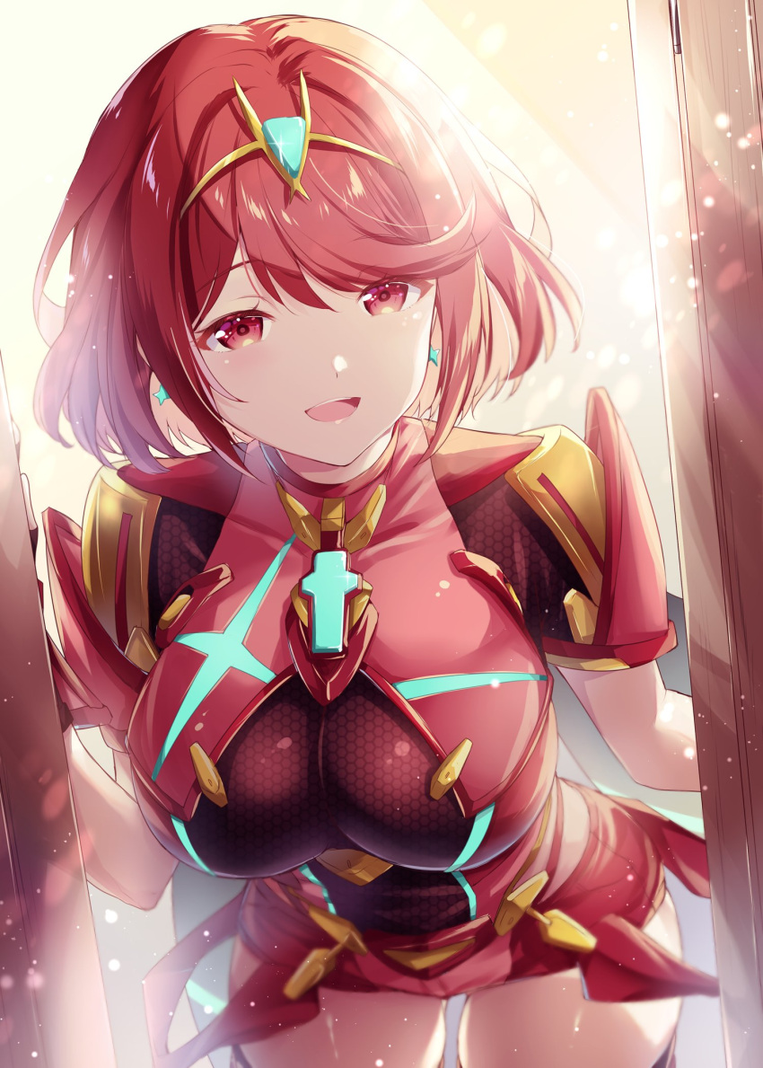 bent_over breasts chest_jewel core_crystal_(xenoblade) cowboy_shot female highres impossible_clothes large_breasts opening_door pyra_(xenoblade) red_eyes red_hair red_shorts short_hair shorts solo tiara ui_frara xenoblade_chronicles_(series) xenoblade_chronicles_2