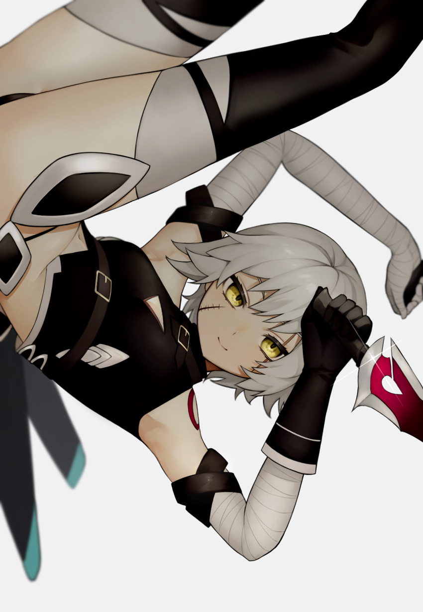 armpits bandaged_arm bandages black_gloves boots commentary dagger fate/apocrypha fate_(series) female gloves highres holding holding_dagger holding_knife holding_weapon jack_the_ripper_(fate/apocrypha) knife midriff navel reverse_grip scar scar_across_eye scar_on_face smile solo stitches sumi_(gfgf_045) thigh_boots thighhighs weapon white_hair yellow_eyes