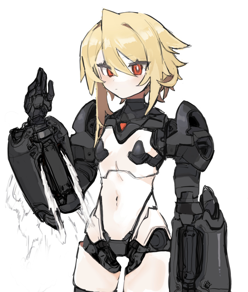 :o black_panties blonde_hair breasts colored_skin cowboy_shot dot_nose double-parted_bangs expressionless female hair_between_eyes highleg highleg_panties highres joints light_blush looking_at_viewer mechanical_arms navel original panties red_eyes robot_girl robot_joints shimosuke short_hair_with_long_locks simple_background small_breasts solo standing string_panties thighhighs underwear white_background white_skin