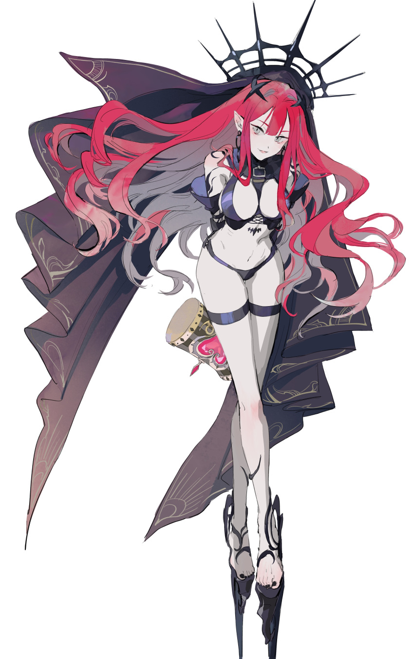 absurdres arms_behind_back baobhan_sith_(fate) baobhan_sith_(second_ascension)_(fate) bare_shoulders black_footwear black_nails black_panties breasts detached_sleeves earrings fate/grand_order fate_(series) female full_body grey_eyes hammer high_heels highres hoop_earrings jewelry legs long_hair looking_at_viewer mimulishizi nail_polish navel open_mouth panties pink_hair pointy_ears revealing_clothes sidelocks smile solo thigh_strap toenail_polish toenails toes underwear veil white_background