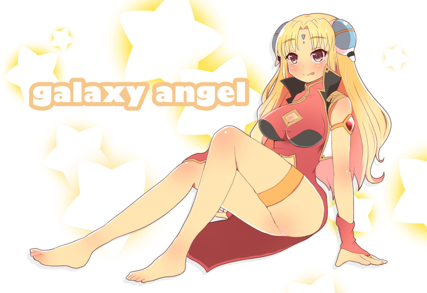 :p barefoot blonde_hair blush breasts brown_eyes china_dress chinese_clothes copyright_name dress facial_mark female fingerless_gloves full_body galaxy_angel gloves hairpods hands_on_floor highres large_breasts long_hair new_yorker_(togawa_hamasaki) on_ground panties ranpha_franboise sitting sleeveless sleeveless_dress solo star_(symbol) star_symbol_background tongue tongue_out underwear