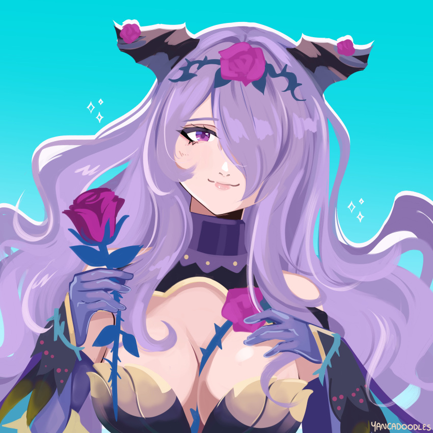 absurdres blue_background breasts camilla_(fire_emblem) camilla_(resplendent)_(fire_emblem) closed_mouth commentary english_commentary eyelashes female fire_emblem fire_emblem_fates fire_emblem_heroes flower highres holding holding_flower large_breasts official_alternate_costume pink_lips purple_eyes purple_flower purple_hair purple_rose rose simple_background smile solo thorns upper_body yancadoodles