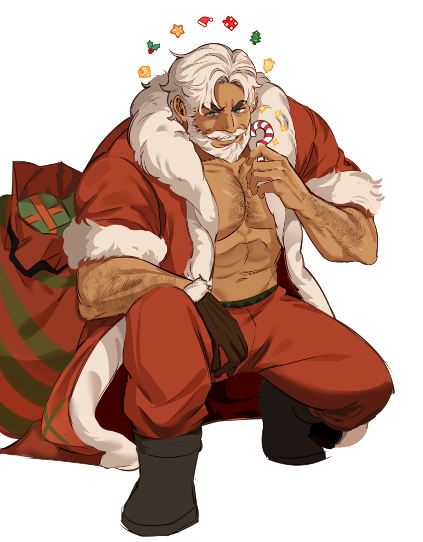 1boy arm_hair bara bare_pectorals beard black_footwear blue_eyes boots brk_603 candy candy_cane chest_hair coat commentary_request cookie_run cookie_run:_ovenbreak dark-skinned_male dark_skin eggnog_cookie facial_hair food full_beard fur-trimmed_coat fur_trim gloves grin highres holding holding_candy holding_candy_cane holding_food humanization korean_commentary large_pectorals male_focus mature_male mismatched_eyebrows moustache muscular muscular_male navel old old_man open_clothes open_coat pectorals sack santa_costume short_hair simple_background single_glove smile solo white_background white_hair