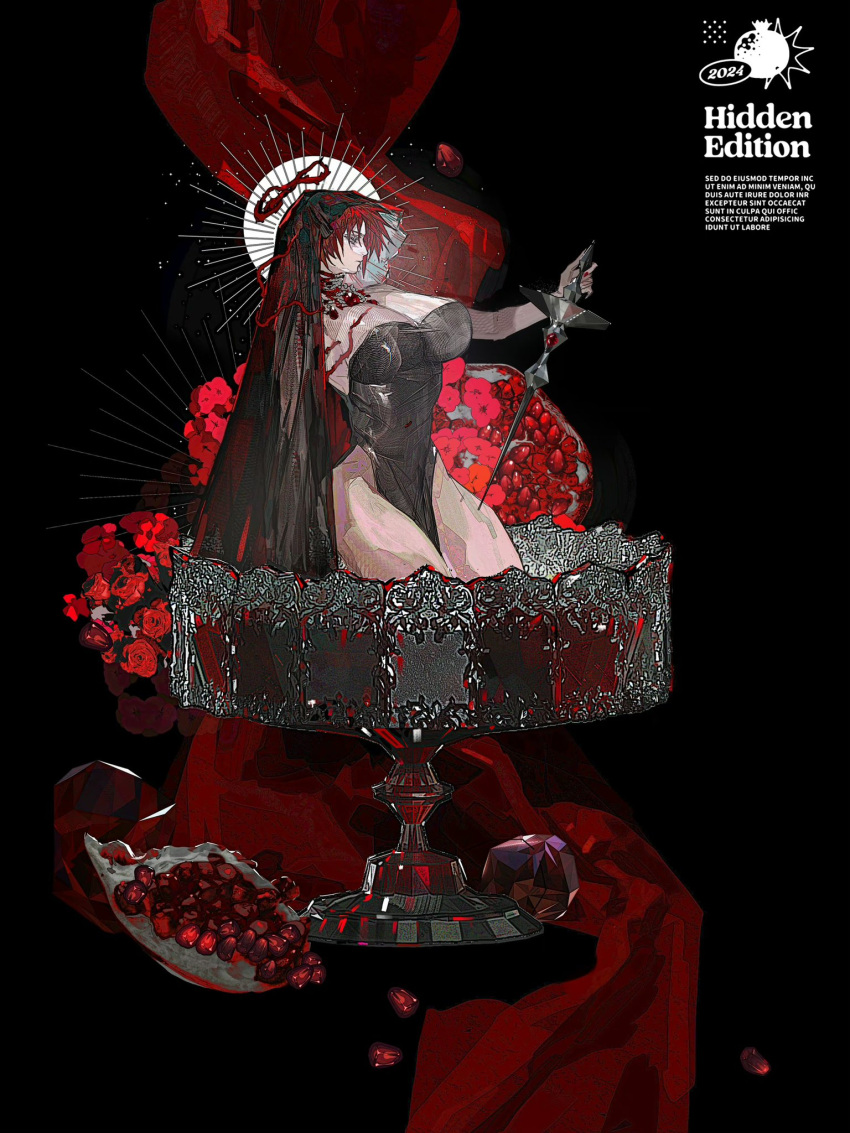 black_background black_dress breasts cowl dress female food fruit glass halo highres large_breasts original plant pomegranate red_hair s_xing_guowang scepter short_hair strapless strapless_dress thighs thorns vines