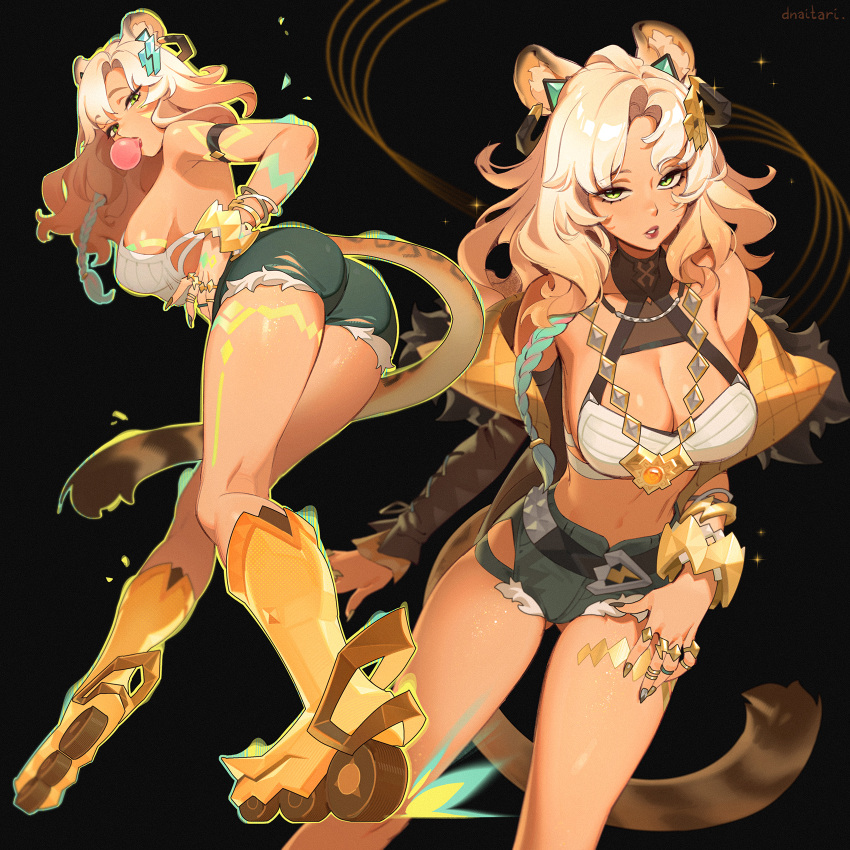 animal_ears ass black_nails black_shorts blonde_hair breasts chewing_gum cleavage cowboy_shot dnaitari female fingernails from_behind full_body genshin_impact green_eyes highres large_breasts long_hair looking_at_viewer looking_back multiple_views parted_bangs parted_lips sharp_fingernails shorts sideboob tail thighs tiger_girl xilonen_(genshin_impact)