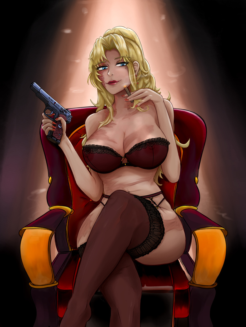 absurdres balalaika_(black_lagoon) black_lagoon blonde_hair blue_eyes bo4a breasts burn_scar cigar crossed_legs ear_piercing female gun handgun highres holding holding_cigar lace large_breasts long_hair looking_at_viewer on_chair piercing ponytail red_lips scar scar_on_breasts scar_on_face smile smoke smoking solo thighhighs tokarev_tt-33 underwear weapon