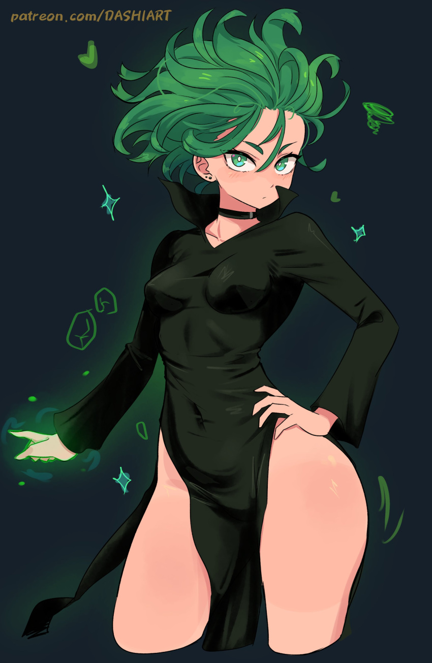 absurdres black_choker black_dress breasts choker covered_navel cropped_legs dashi_(dashiart) dress female green_eyes grey_hair hair_between_eyes hand_on_own_hip heart highres long_sleeves looking_at_viewer no_panties one-punch_man short_hair simple_background small_breasts solo sparkle squiggle tatsumaki web_address