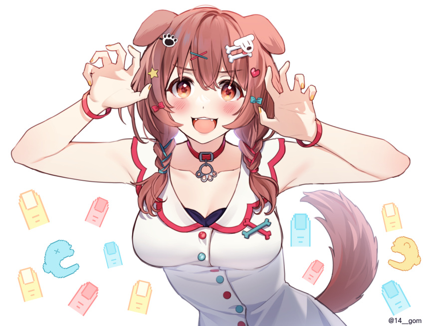 14_(vision5032) :d animal_ears blush bone_hair_ornament braid breasts brown_hair claw_pose cleavage collar collarbone commentary disembodied_hand dog_ears dog_girl dog_hair_ornament dog_tail dress english_commentary fangs female hair_between_eyes hair_ornament heart heart_hair_ornament highres hololive hoso-inu inugami_korone inugami_korone_(1st_costume) listener_(inugami_korone) looking_at_viewer medium_breasts medium_hair mixed-language_commentary nail_polish open_hands open_mouth paw_hair_ornament red_collar red_eyes simple_background sleeveless sleeveless_dress smile solo star_(symbol) star_hair_ornament tail teeth twin_braids twitter_username upper_body upper_teeth_only virtual_youtuber white_background white_dress wristband x_hair_ornament yellow_nails