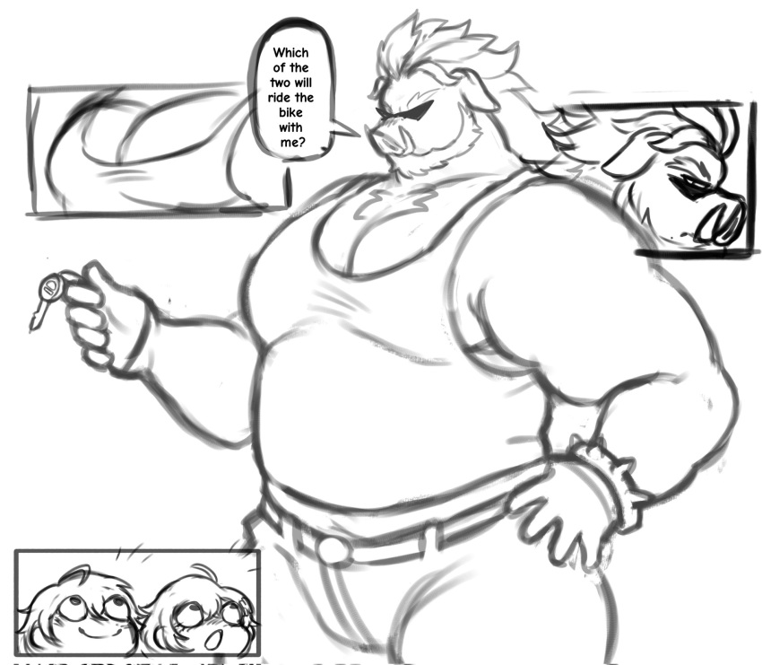 anthro belle_(zenless_zone_zero) big_daddy_(zenless_zone_zero) blush clothing eyewear group hi_res human male mammal mihoyo musclegut muscular muscular_anthro muscular_male pecs shirt shyybuchi suid suina sunglasses sus_(pig) tank_top topwear trio tusks wild_boar wise_(zenless_zone_zero) zenless_zone_zero