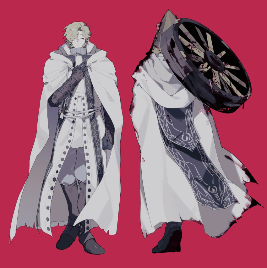 1boy ^_^ alfred_(bloodborne) blonde_hair bloodborne boots cape closed_eyes closed_mouth conical_hat grey_pants highres holding holding_weapon logarius_wheel male_focus multiple_views pants red_background robe simple_background smile stole weapon white_cape white_robe xx_asui