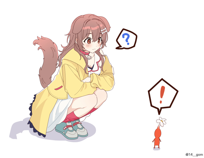 ! 14_(vision5032) ? absurdres alternate_hairstyle animal_ears blue_footwear blush bone_hair_ornament breasts brown_hair cleavage closed_mouth collar commentary_request crossed_arms crossover dog_ears dog_girl dog_tail dress female full_body hair_ornament highres hololive inugami_korone inugami_korone_(1st_costume) jacket knees_to_chest legs_together long_hair looking_at_another medium_breasts pikmin_(creature) pikmin_(series) red_collar red_eyes red_socks shadow shoes sidelocks simple_background sleeveless sleeveless_dress sneakers socks solo spoken_exclamation_mark spoken_question_mark squatting tail twitter_username virtual_youtuber white_background white_dress yellow_jacket