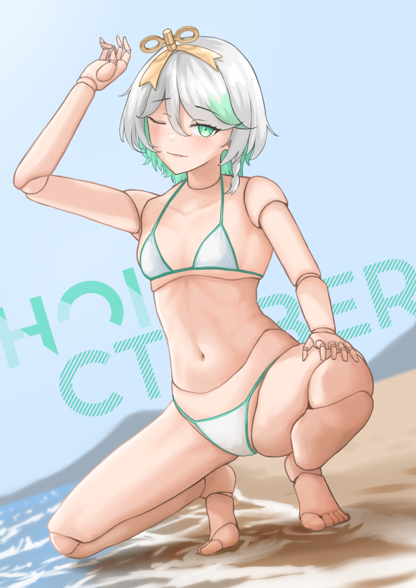 absurdres arm_up barefoot beach bikini blush breasts cecilia_immergreen closed_mouth collarbone colored_inner_hair diptip doll_joints dutch_angle feet female full_body green_bikini green_eyes grey_hair hair_ornament hand_on_own_knee highres hololive hololive_english joints looking_at_viewer multicolored_hair navel one_eye_closed outdoors small_breasts solo squatting stomach streaked_hair swimsuit tiptoes toes virtual_youtuber water white_bikini winding_key