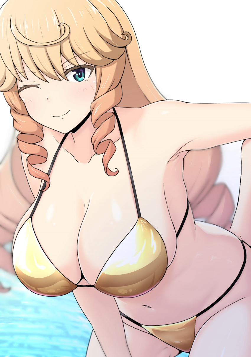 ;) absurdres alice_gear_aegis bikini blonde_hair breasts closed_mouth commentary drill_hair drill_sidelocks female gold_bikini green_eyes guchiaki hand_on_own_hip highres large_breasts leaning_forward long_hair looking_at_viewer micro_bikini navel nicole_francesca one_eye_closed satin_bikini shiny_swimsuit sideboob sidelocks smile solo string_bikini swimsuit very_long_hair water yellow_bikini