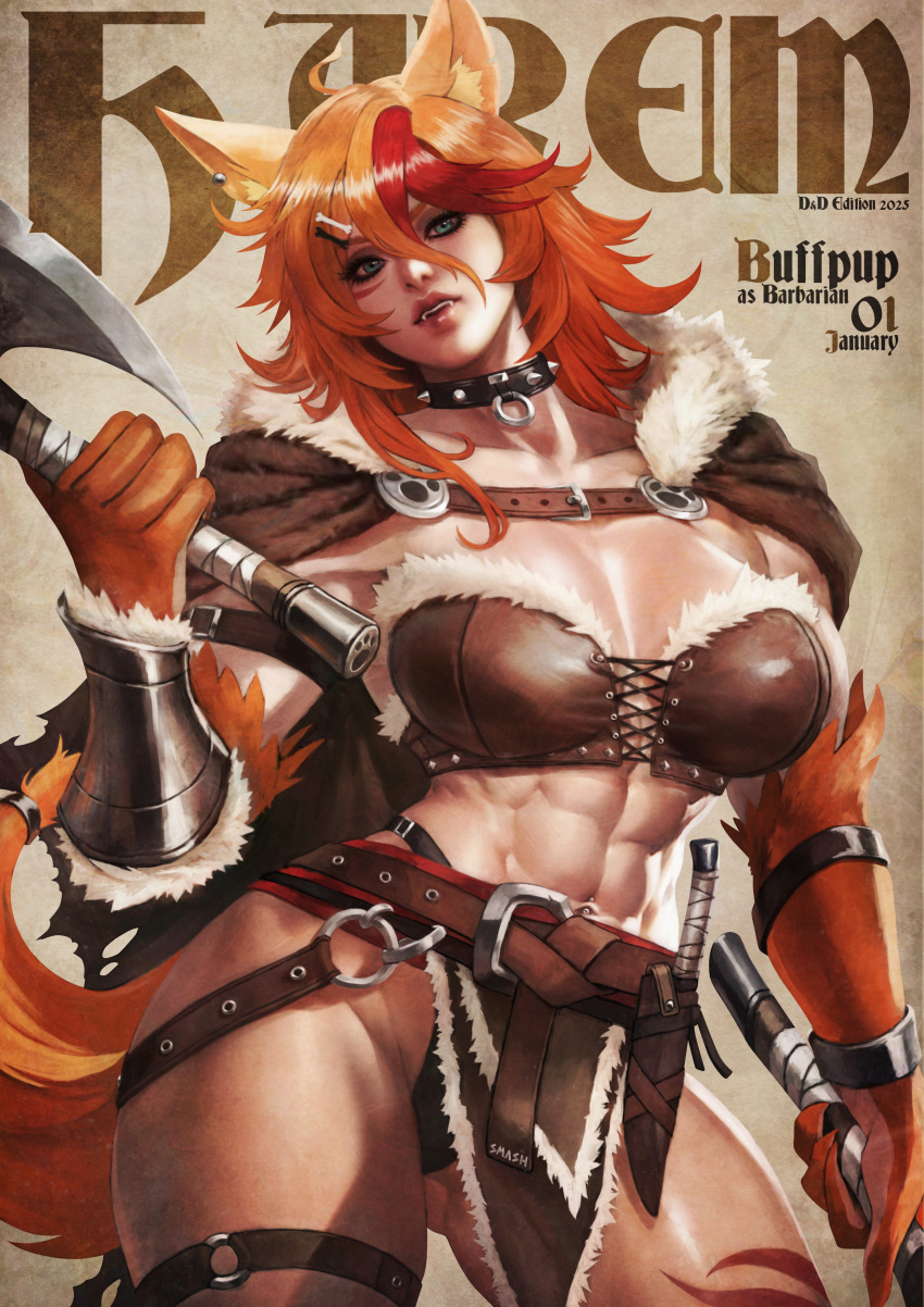 abs absurdres animal_ears armor axe barbarian buffpup_(vtuber) cloak collar cover dual_wielding dungeons_&_dragons earrings fangs fur_trim green_eyes highres holding holding_axe jewelry knife leather_armor leg_tattoo loincloth long_hair magazine_cover monori_rogue multicolored_hair muscular muscular_female orange_fur orange_hair red_hair single_earring single_vambrace tail tattoo vambraces virtual_youtuber wolf_ears wolf_girl wolf_tail