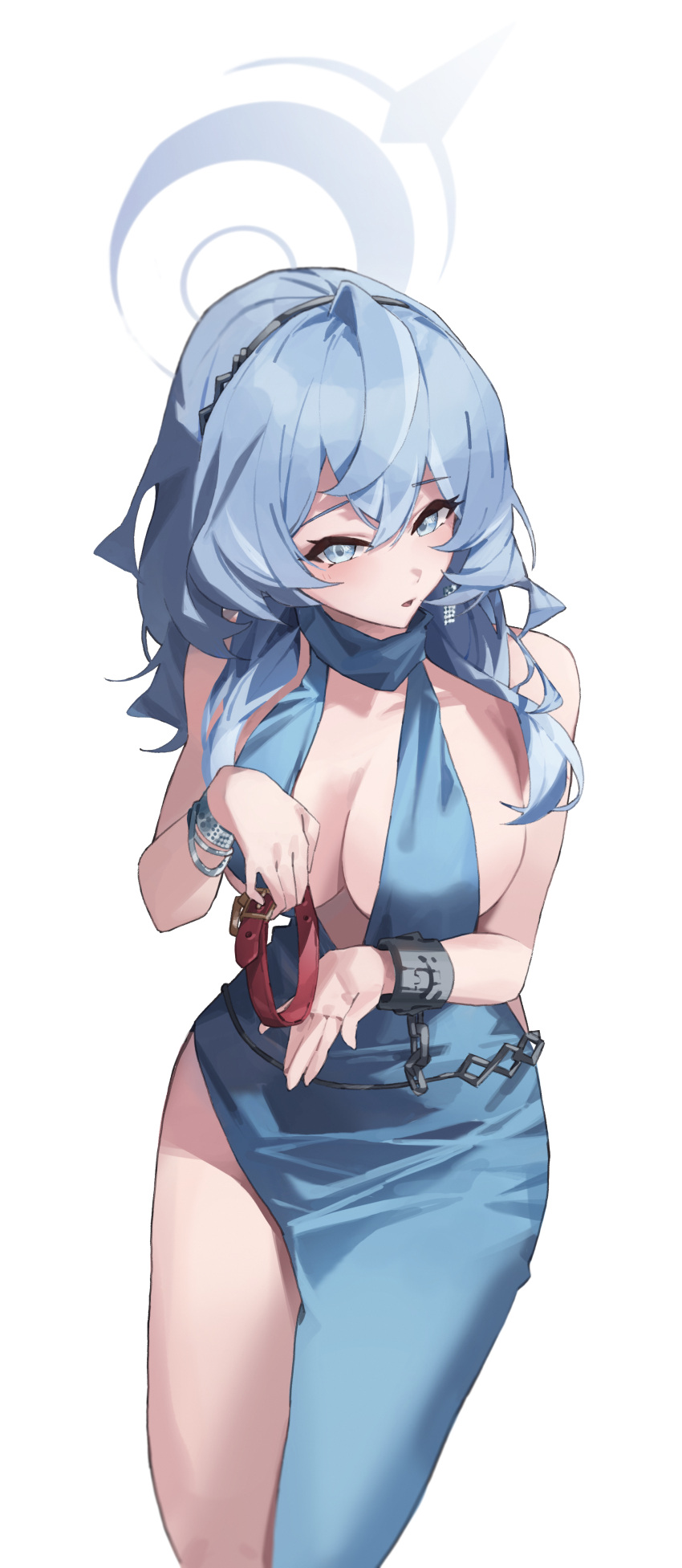 :o absurdres ako_(blue_archive) ako_(dress)_(blue_archive) animal_collar blue_archive blue_dress blue_eyes blue_hair blush breasts chun_nam collar commentary cuffs dress evening_gown female halo highres large_breasts long_hair looking_at_viewer official_alternate_costume shackles sideless_dress simple_background single_bare_leg solo symbol-only_commentary white_background