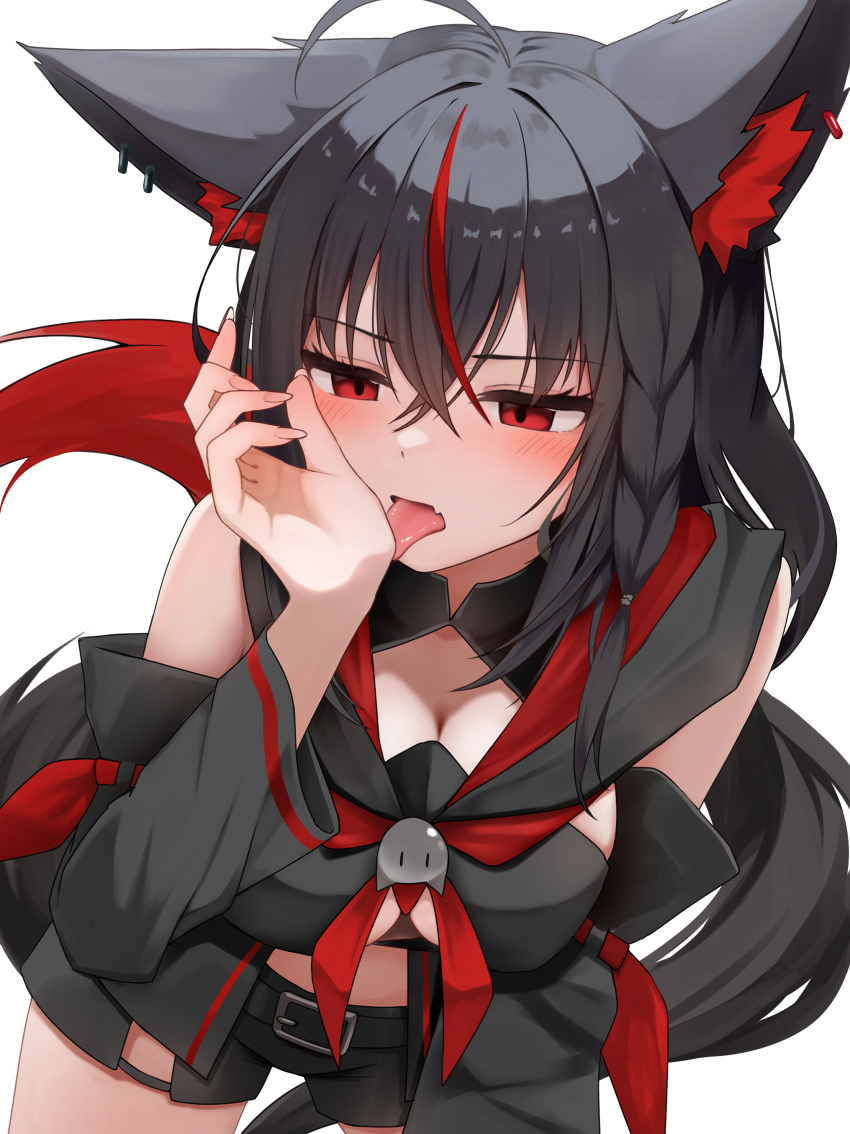 absurdres animal_ear_fluff animal_ear_piercing animal_ears belt belt_buckle black_belt black_hair black_hood black_shirt black_shorts black_sleeves black_tail blush braid breasts buckle cleavage commentary_request crossed_bangs dark_persona detached_sleeves female fox_ears fox_girl fox_tail hair_between_eyes highres hololive hood hood_down kurokami_fubuki large_breasts leaning_forward licking licking_hand long_hair micon multicolored_hair neckerchief oerba_yun_fang red_eyes red_hair red_neckerchief shirt short_shorts shorts simple_background single_braid skin_fang sleeveless sleeveless_shirt solo streaked_hair tail tongue tongue_out virtual_youtuber white_background