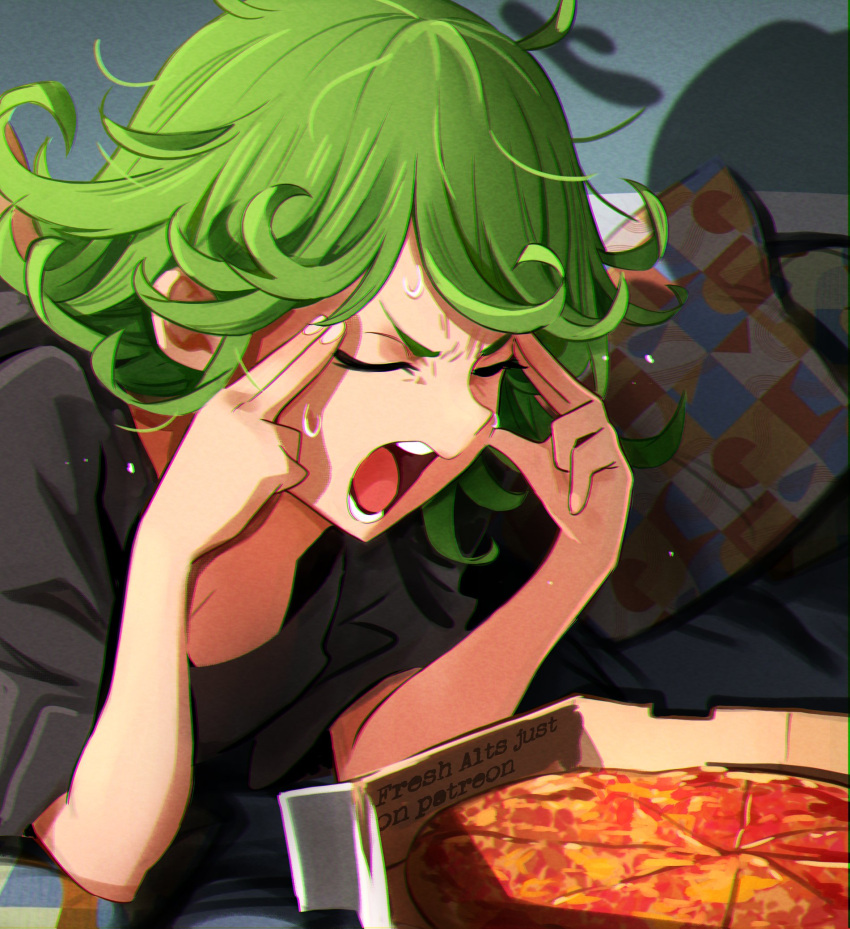 alternate_costume black_shirt breasts cleavage english_text female flipped_hair food green_hair highres khyle. medium_hair one-punch_man open_mouth pillow pizza shirt short_sleeves small_breasts solo sweat tatsumaki teeth