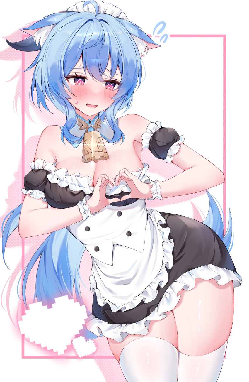 absurdres ahoge animal_ears bare_shoulders bell blue_hair blush breasts embarrassed female ganyu_(genshin_impact) genshin_impact highres horns long_hair maid maid_headdress medium_breasts neck_bell pekokota purple_eyes simple_background solo thighhighs white_thighhighs zettai_ryouiki