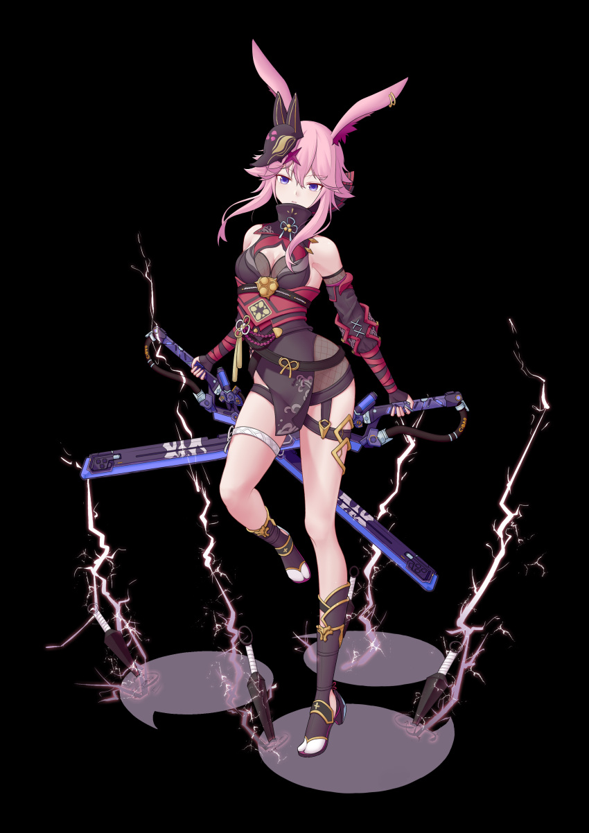 absurdres animal_ears arm_guards armor bare_shoulders black_background breasts closed_mouth dual_wielding electricity female fox_ears fox_mask highres holding holding_sword holding_weapon honkai_(series) honkai_impact_3rd japanese_armor kunai looking_at_viewer mask medium_breasts ninja pink_hair purple_eyes reverse_grip sandals simple_background solo standing sword weapon xiaoming1558 yae_kasumi yae_sakura zouri