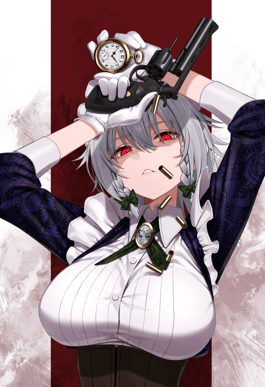 blue_sleeves bow braid breasts brown_corset collared_shirt corset female gloves green_bow greenkohgen grey_hair gun hairbow handgun highres holding holding_gun holding_weapon izayoi_sakuya lace lace_sleeves pocket_watch red_eyes revolver shell_casing shirt short_hair solo touhou twin_braids watch weapon white_gloves white_shirt