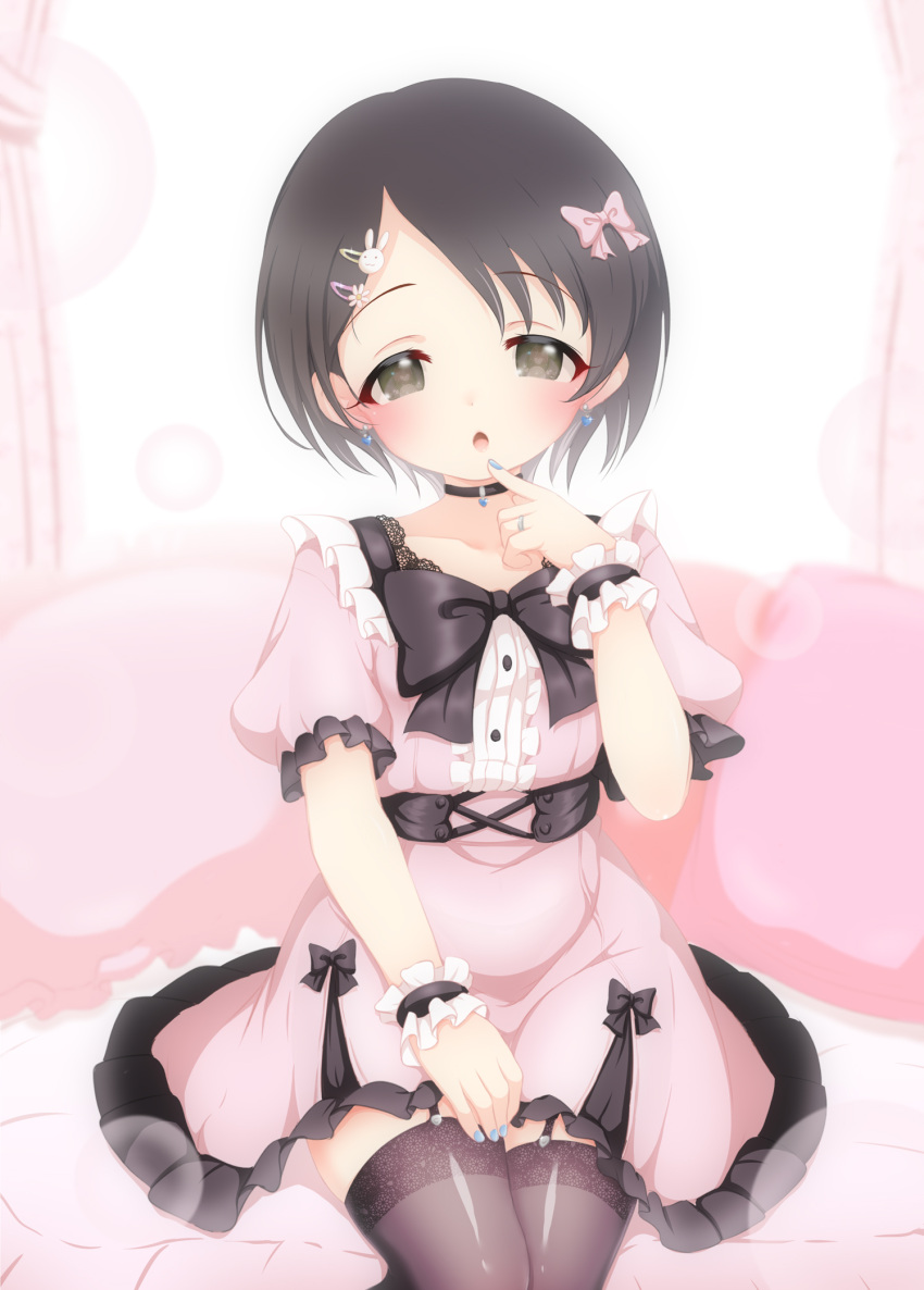 belt black_belt black_bow black_hair black_thighhighs blue_nails blurry blurry_background bow brown_eyes choker collarbone commentary_request curtains depth_of_field dress earrings female finger_to_mouth fingernails flower garter_straps hair_flower hair_ornament hairbow hand_on_own_thigh heart heart_choker heart_earrings heart_in_eye highres hosizora_mikoto idolmaster idolmaster_cinderella_girls jewelry jirai_kei lace-trimmed_thighhighs lace_trim looking_at_viewer nail_polish open_mouth pillow pink_bow pink_dress rabbit_hair_ornament ring sasaki_chie short_hair short_sleeves sitting solo staring symbol_in_eye thighhighs wrist_cuffs