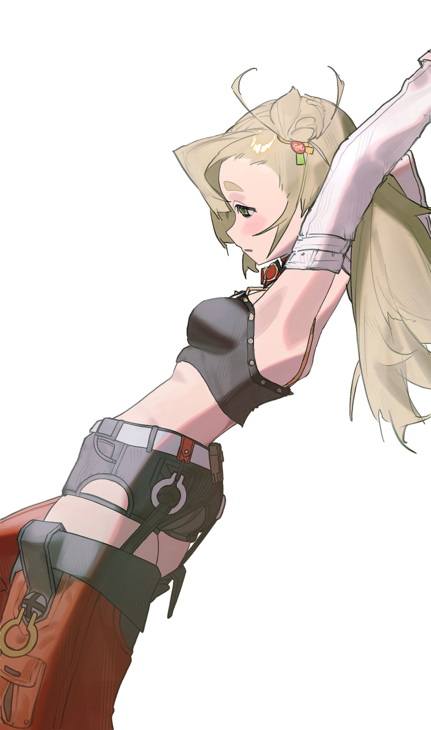 absurdres arms_up black_shorts blonde_hair blush breasts cowboy_shot crop_top female from_side green_eyes hair_bun highres long_hair looking_ahead midriff piper_wheel shorts simple_background small_breasts solo standing white_background xxcurooxx zenless_zone_zero