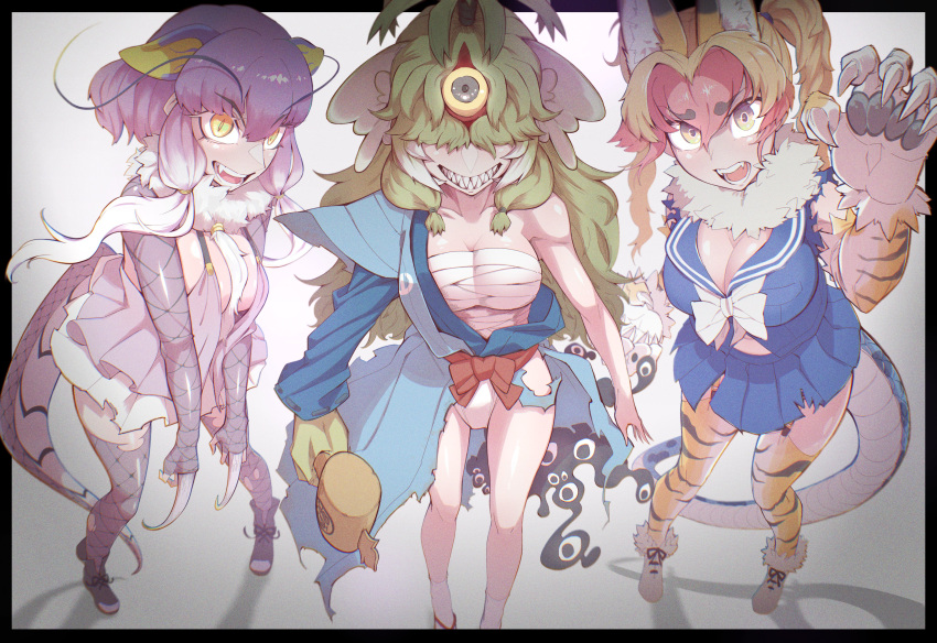 3girls absurdres animal_ears bare_shoulders blue_kimono brown_hair claws dragon_girl dragon_tail elbow_gloves extra_ears fundoshi garter_straps gloves gm_(ggommu) green_hair grey_background hair_over_eyes hammer highres jacket japanese_clothes kemono_friends kimono long_hair looking_at_viewer multicolored_hair multiple_girls nue_(kemono_friends) oerba_yun_fang purple_hair rairyu_(kemono_friends) red_hair sailor_collar sandals sanmoto_gorozaemon_(kemono_friends) sarashi scarf school_uniform shoes simple_background skirt tabi tail thighhighs twintails two-tone_hair white_hair yellow_eyes zouri