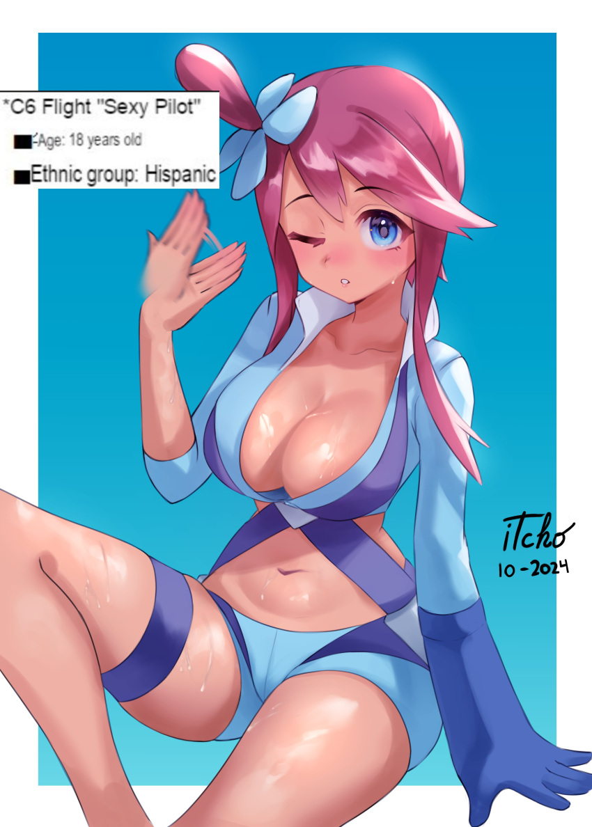 2024_pokemon_teraleak absurdres blue_eyes blue_gloves blue_shirt blue_shorts breasts cleavage cropped_shirt female gloves hand_fan highres itcho large_breasts long_hair looking_at_viewer navel one_eye_closed pokemon pokemon_bw red_hair shirt shorts sidelocks sitting skyla_(pokemon) sweat