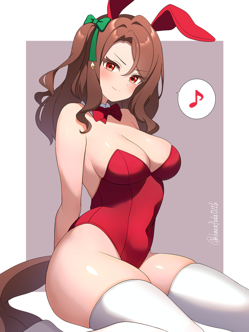 absurdres animal_ears breasts brown_hair cleavage fake_animal_ears female hanafuda_(hanafuda0116) highres horse_girl horse_tail king_halo_(umamusume) leotard playboy_bunny red_eyes red_leotard solo strapless strapless_leotard tail umamusume