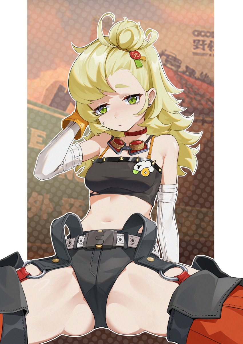 absurdres black_shorts blonde_hair closed_mouth cowboy_shot crop_top earrings female gloves goggles goggles_around_neck green_eyes hair_bun highres jewelry long_hair looking_ahead lord-erica midriff navel orange_gloves piper_wheel short_shorts shorts sitting solo spread_legs zenless_zone_zero