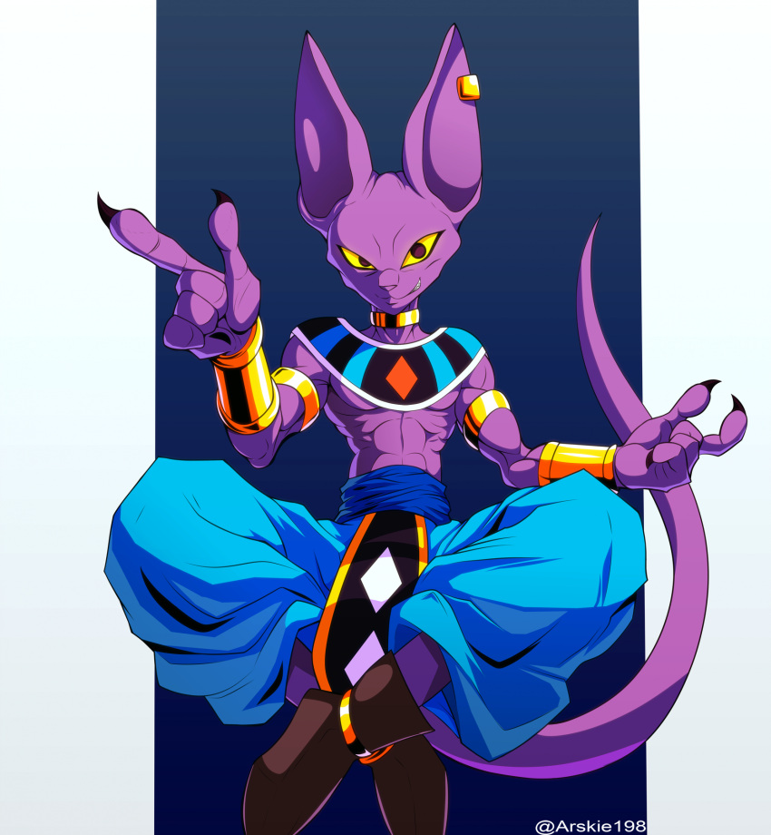 2024 abs anthro armlet arskie198 athletic athletic_male beerus better_version_at_source biped bottomwear bracelet claws clothed clothing collar crossed_legs domestic_cat dragon_ball dragon_ball_super ear_piercing felid feline felis hairless hairless_cat hi_res jewelry looking_at_viewer male mammal pants piercing purple_body sitting solo sphynx_(cat) yellow_sclera