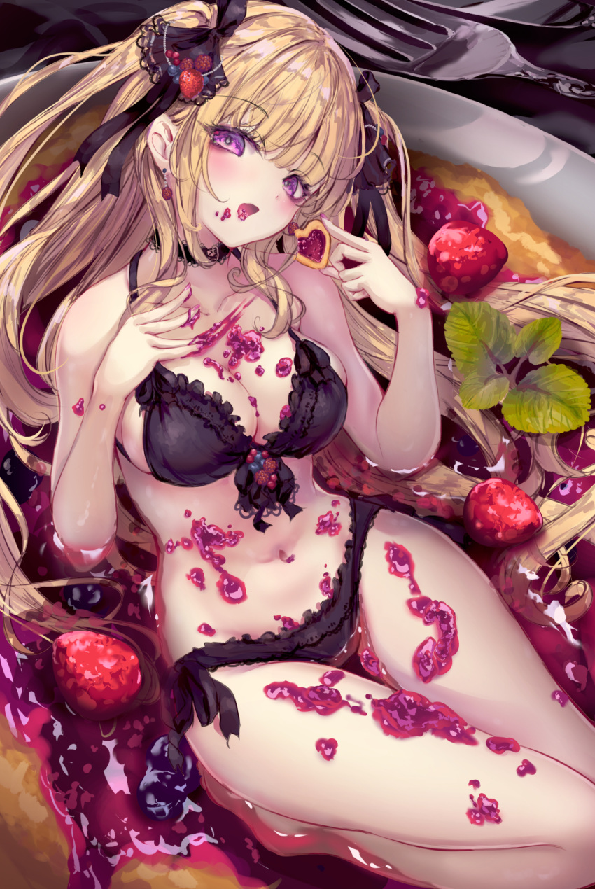 bikini black_bikini black_ribbon blonde_hair blueberry breasts choker commentary_request cookie earrings eating female food food-themed_earrings food_on_body food_on_face fork frilled_bikini frills front-tie_bikini_top front-tie_top fruit fruit_earrings garnish hair_ribbon hand_on_own_chest highres holding holding_cookie holding_food in_food jam jewelry large_breasts leaf long_hair missile228 original oversized_food oversized_object plate purple_eyes raspberry ribbon side-tie_bikini_bottom solo strawberry swimsuit thumbprint_cookie two_side_up very_long_hair