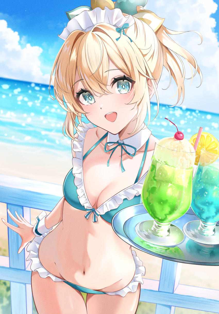 :d absurdres alternate_costume beach bikini blonde_hair blue_bikini blue_sky bow breasts cleavage cloud cocktail cocktail_glass commentary_request crossed_bangs cumulonimbus_cloud cup day detached_collar double-parted_bangs drinking_glass female frilled_bikini frills front-tie_bikini_top front-tie_top green_eyes groin hair_between_eyes hair_intakes hairbow head_tilt highres holding holding_tray hololive kazama_iroha looking_at_viewer maid_headdress medium_breasts multi-strapped_bikini_top multicolored_bow navel neck_ribbon outdoors ponytail ribbon short_hair sky smile standing stomach swimsuit teeth thigh_gap tilu tray upper_teeth_only virtual_youtuber wrist_cuffs