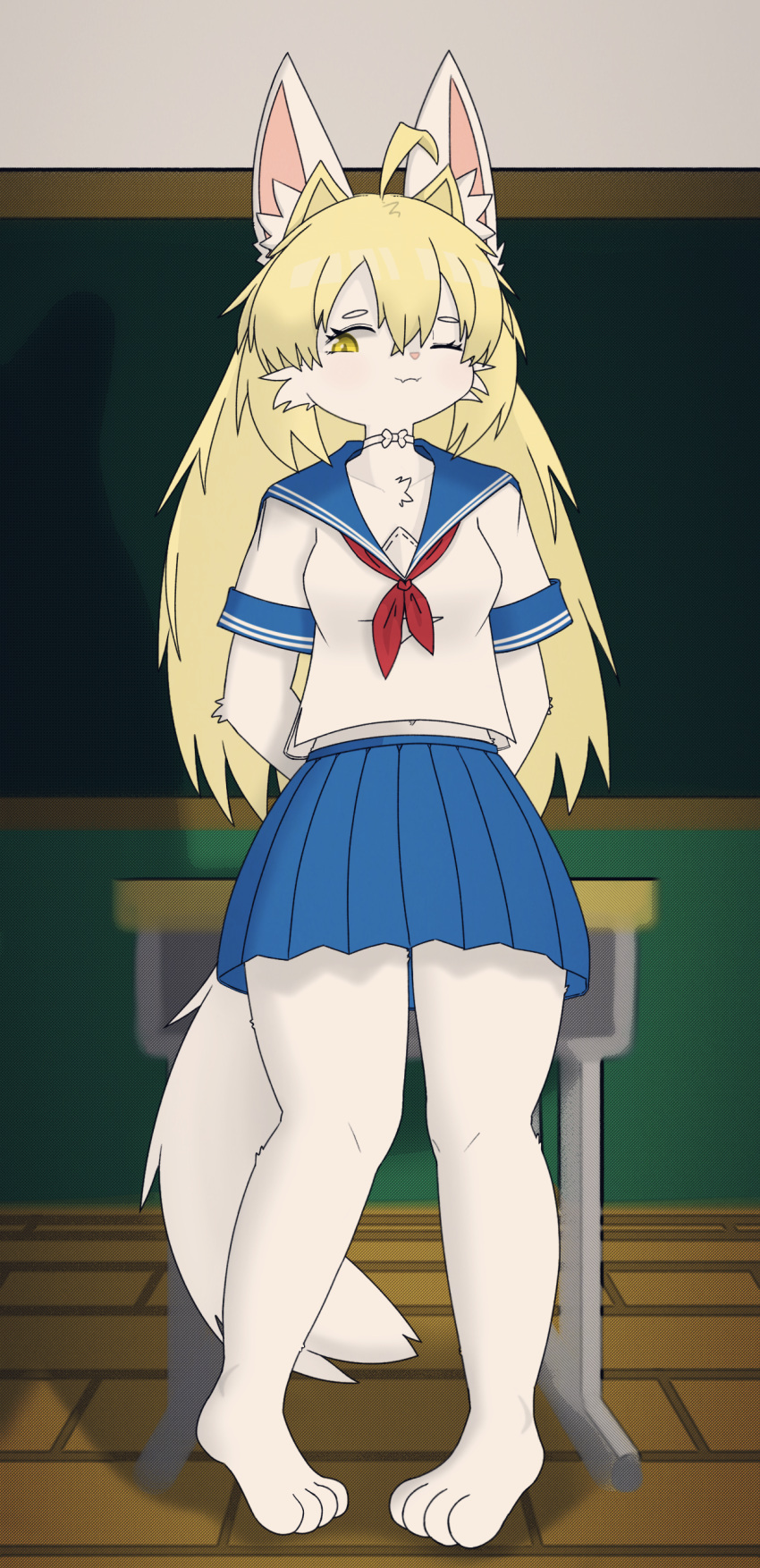 absurd_res anthro blonde_hair canid canine chalkboard classroom clothing desk female fox furniture hair hi_res kemono kemonoyao long_hair mammal one_eye_closed sayu_(kemonoyao) school school_uniform sniffing solo standing table uniform yellow_eyes