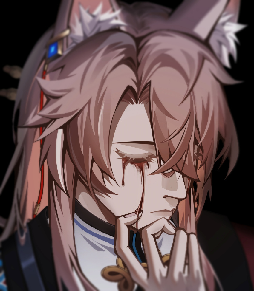 1boy absurdres animal_ear_fluff animal_ears black_background blood blood_from_eyes closed_eyes commentary_request fox_boy fox_ears hand_up highres honkai:_star_rail honkai_(series) jiaoqiu_(honkai:_star_rail) male_focus pink_hair portrait simple_background slowfrost solo